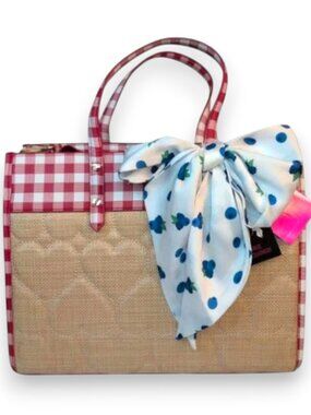 Betsey Johnson Red Gingham Checkered & Straw Handbag Removable Blueberry Scarf